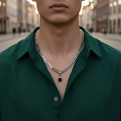 Men Silver Toned asymmetric chain featuring a bold black square Pendant