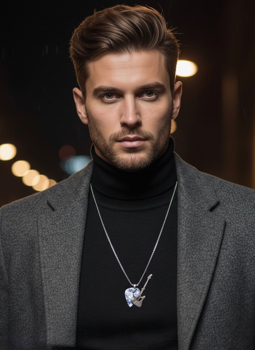 Men Silver Toned Boxed Chain with Guitar & Marbled Pendant