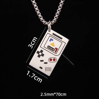 Men Silver Tone Stainless Steel Square Gaming Console Pendant Necklace