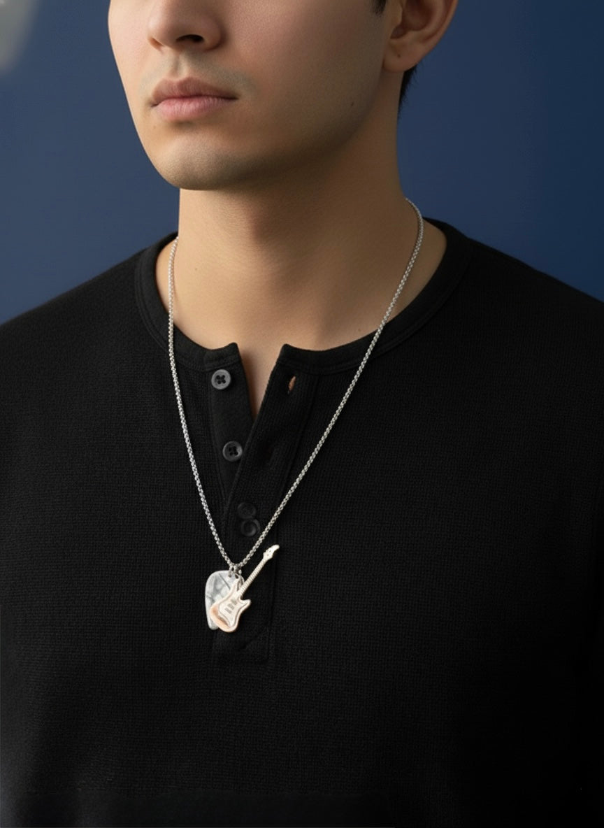 Men Silver Toned Boxed Chain with Guitar & Marbled Pendant