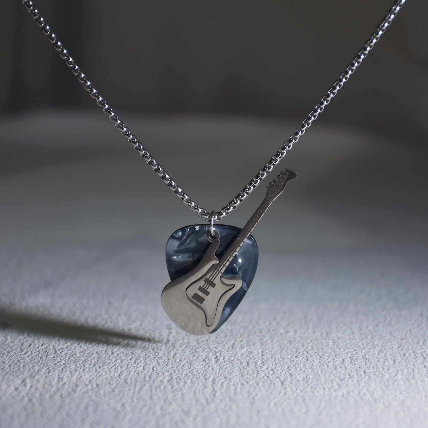 Men Silver Toned Boxed Chain with Guitar & Marbled Pendant