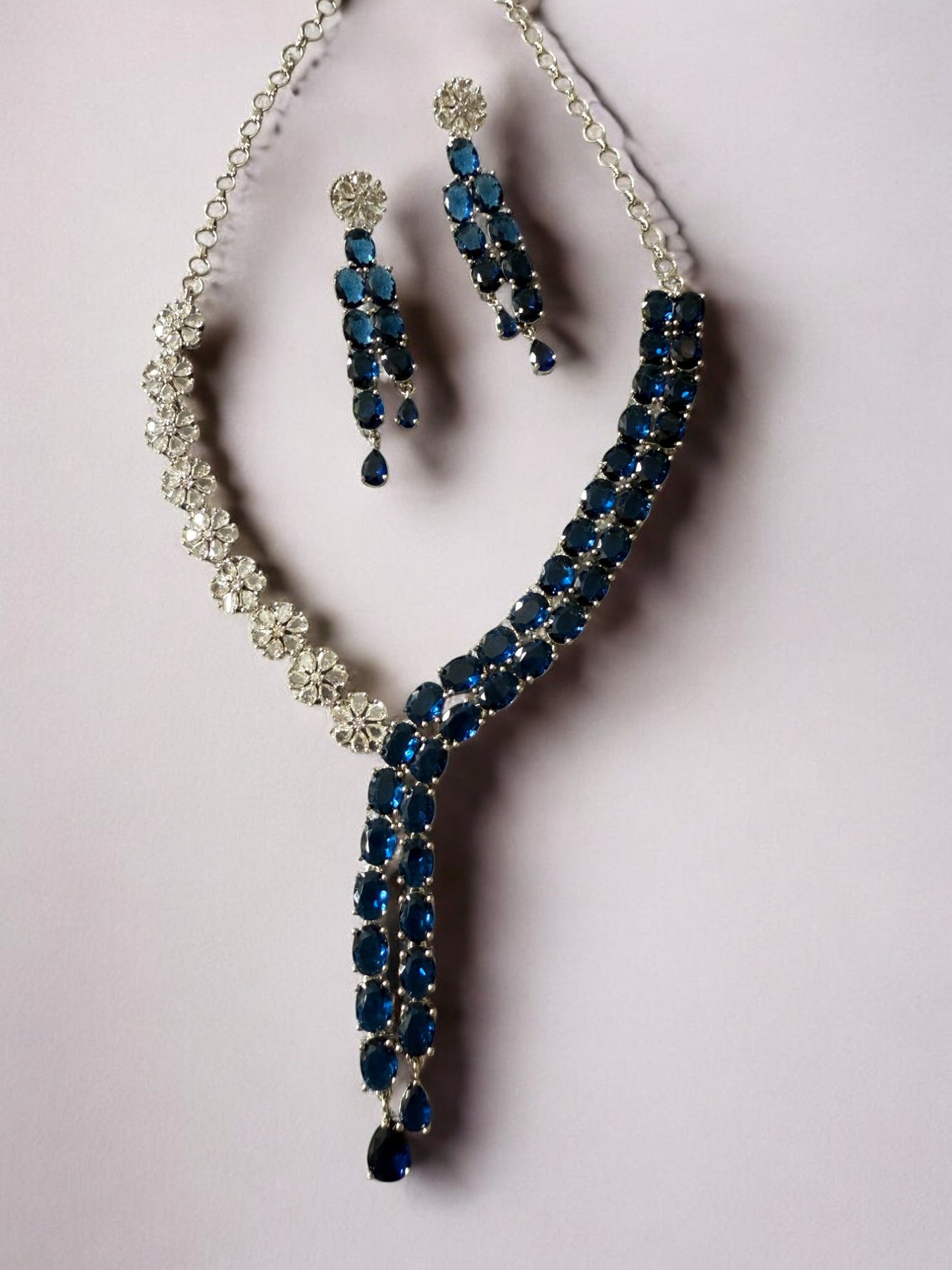 Rhodium Plated Statement Cubic Zirconia Stone Studded Jewellery Set