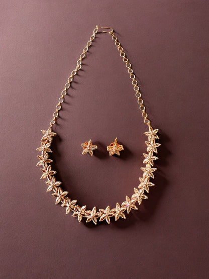 Gold-Toned Floral Necklace Set with Stone-Studded Detailing & Matching Stud Earrings – Festive Elegance Redefined