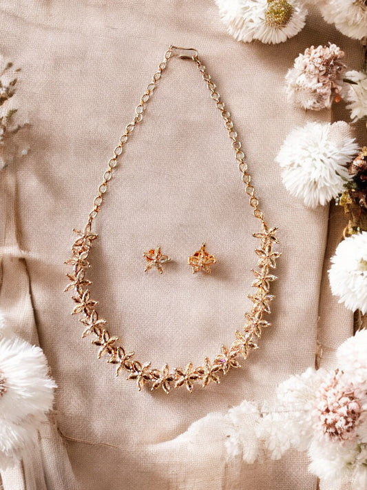 Gold-Toned Floral Necklace Set with Stone-Studded Detailing & Matching Stud Earrings – Festive Elegance Redefined