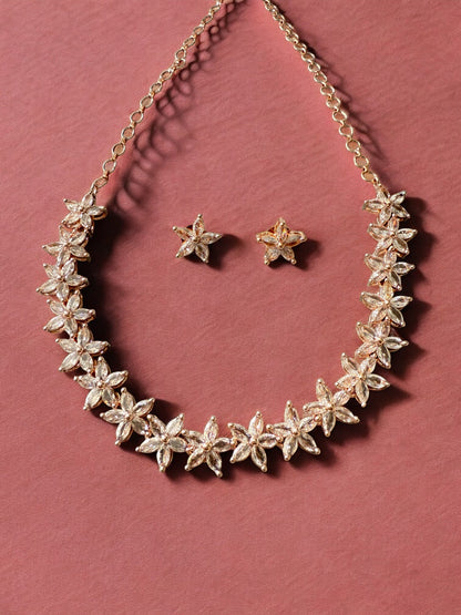 Gold-Toned Floral Necklace Set with Stone-Studded Detailing & Matching Stud Earrings – Festive Elegance Redefined
