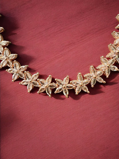 Gold-Toned Floral Necklace Set with Stone-Studded Detailing & Matching Stud Earrings – Festive Elegance Redefined