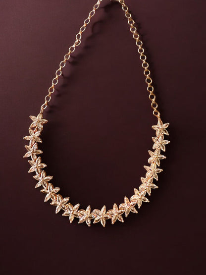 Gold-Toned Floral Necklace Set with Stone-Studded Detailing & Matching Stud Earrings – Festive Elegance Redefined