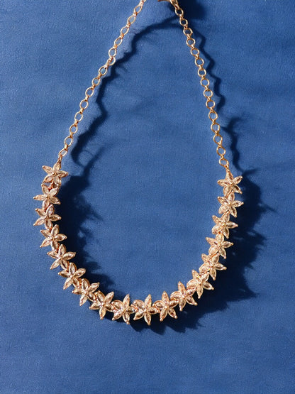 Gold-Toned Floral Necklace Set with Stone-Studded Detailing & Matching Stud Earrings – Festive Elegance Redefined
