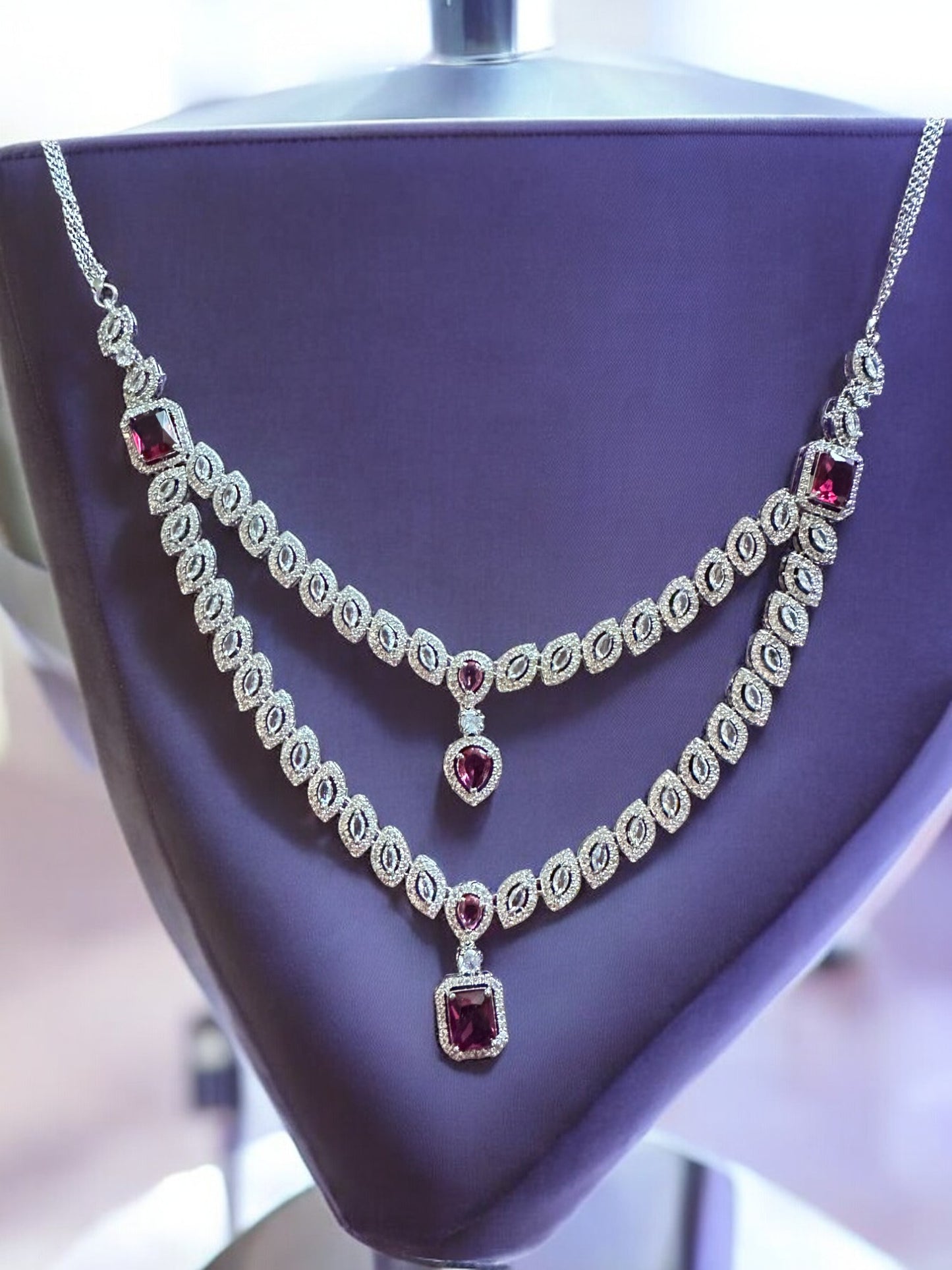 Ruby Red Layered Premium Stone Studded Necklace Set