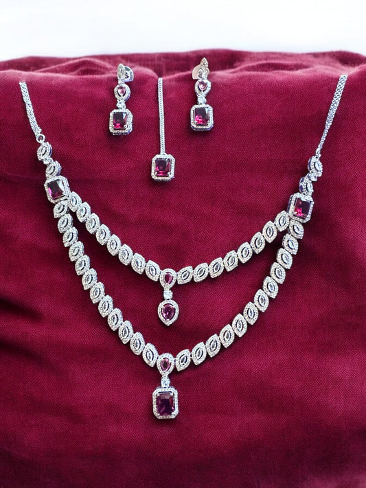 Ruby Red Layered Premium Stone Studded Necklace Set