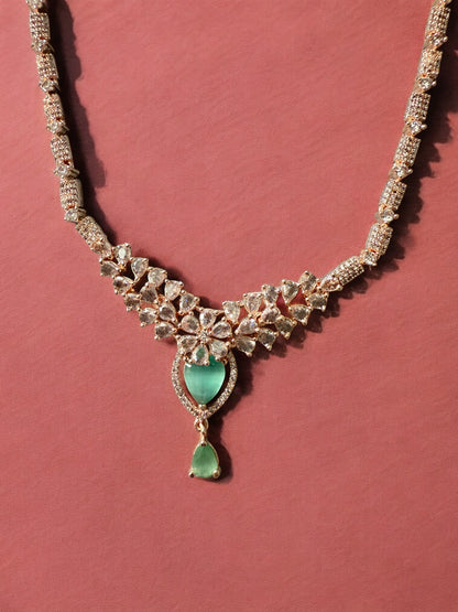 Gold Plated Mint Stone-Studded Necklace Set with Matching Earrings