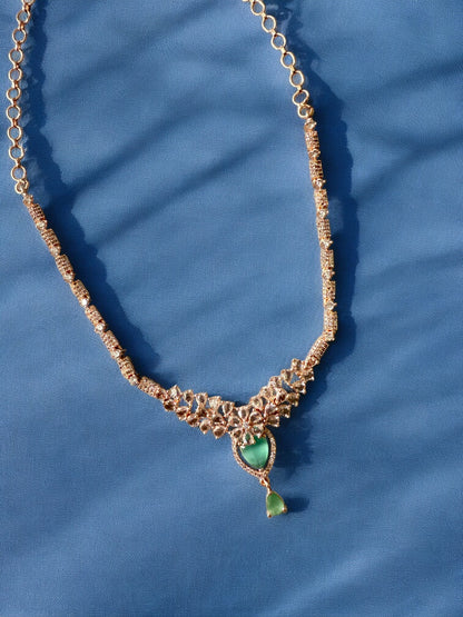 Gold Plated Mint Stone-Studded Necklace Set with Matching Earrings