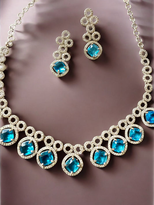 Blue Stone-Studded Necklace Set with Matching Earrings