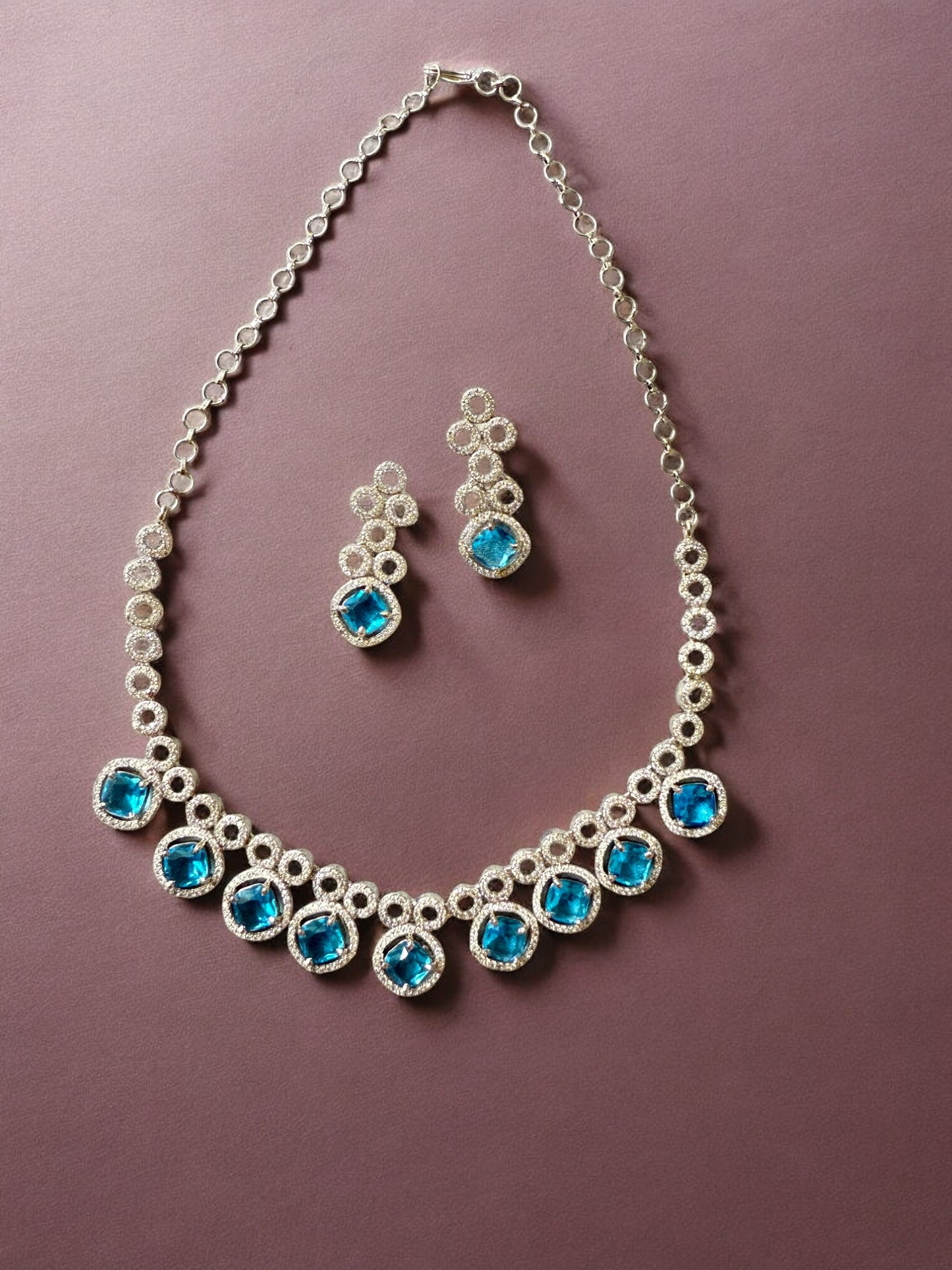 Blue Stone-Studded Necklace Set with Matching Earrings