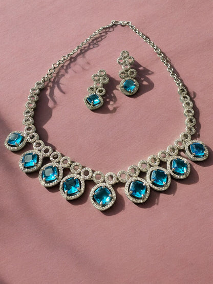 Blue Stone-Studded Necklace Set with Matching Earrings