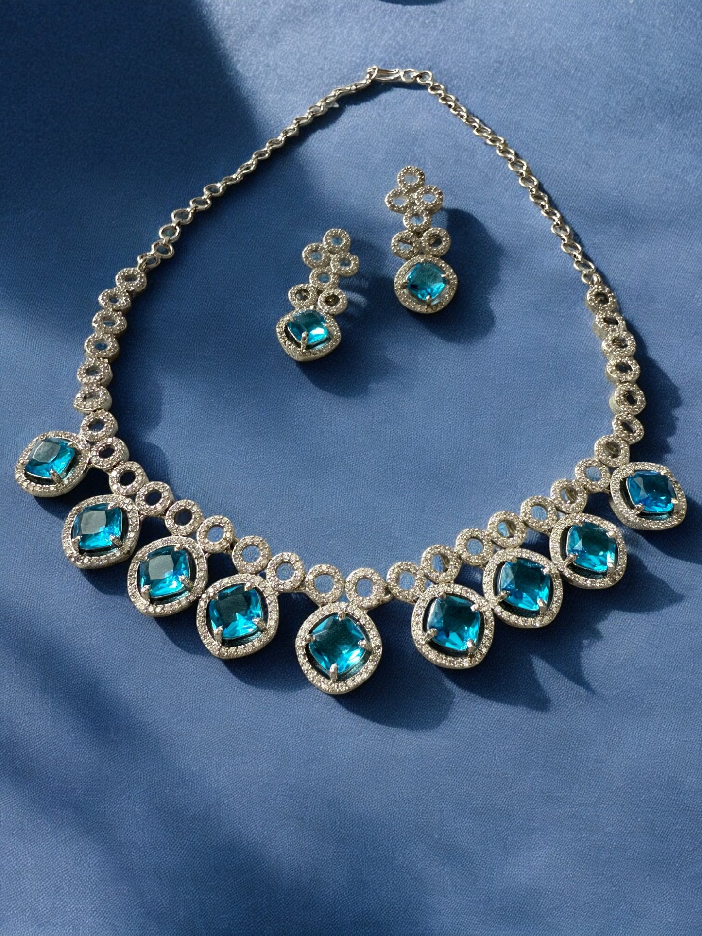 Blue Stone-Studded Necklace Set with Matching Earrings