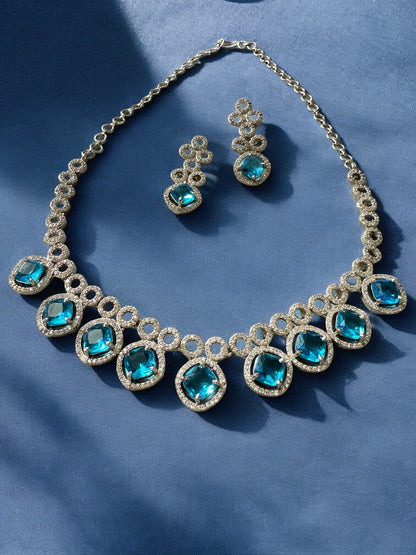 Blue Stone-Studded Necklace Set with Matching Earrings