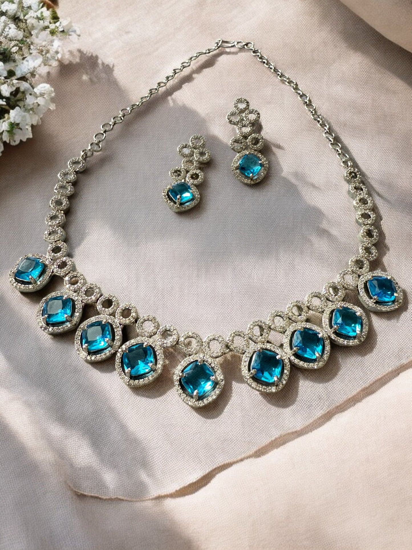 Blue Stone-Studded Necklace Set with Matching Earrings