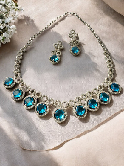 Blue Stone-Studded Necklace Set with Matching Earrings