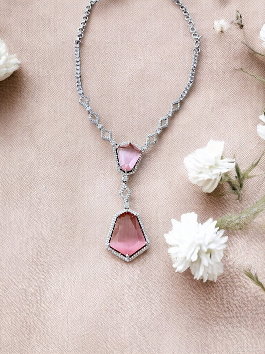 Pink Stone-Studded Necklace Set with Matching Earrings