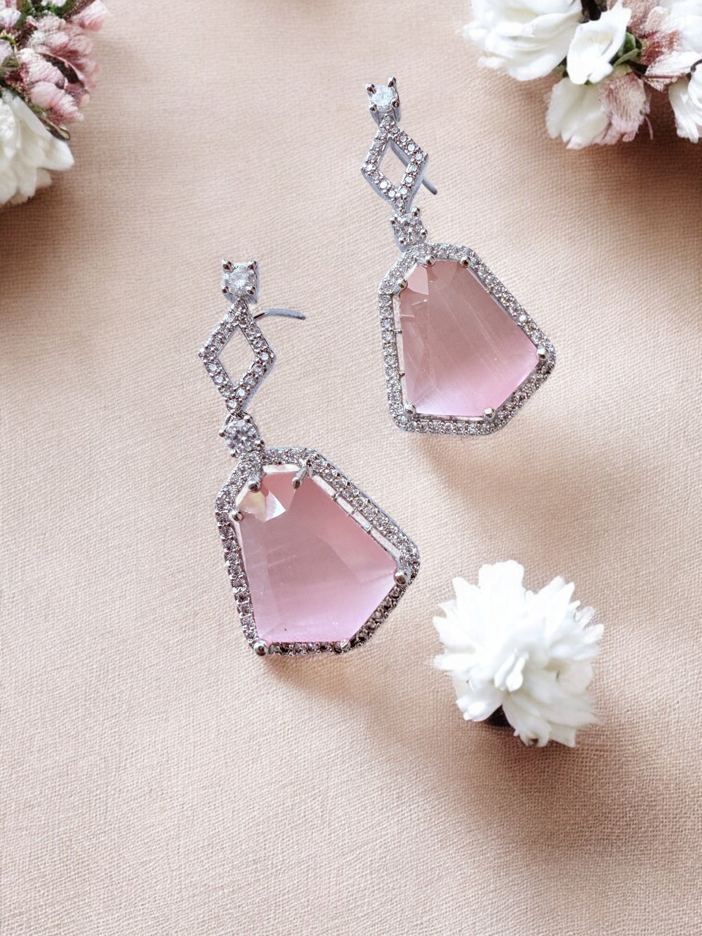 Pink Stone-Studded Necklace Set with Matching Earrings