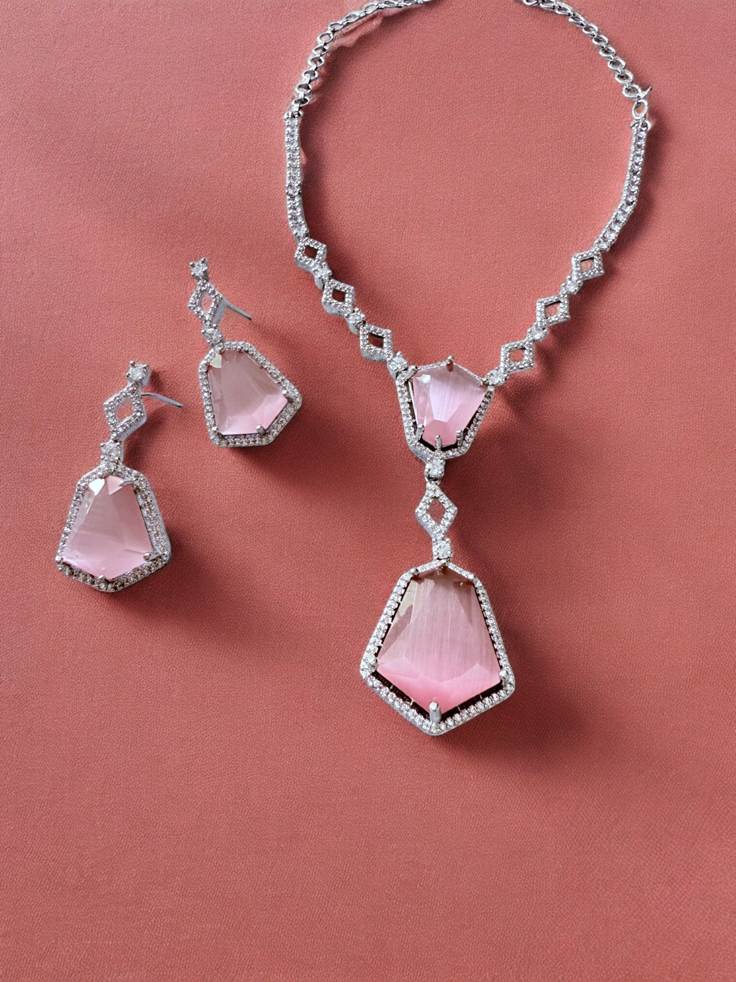 Pink Stone-Studded Necklace Set with Matching Earrings