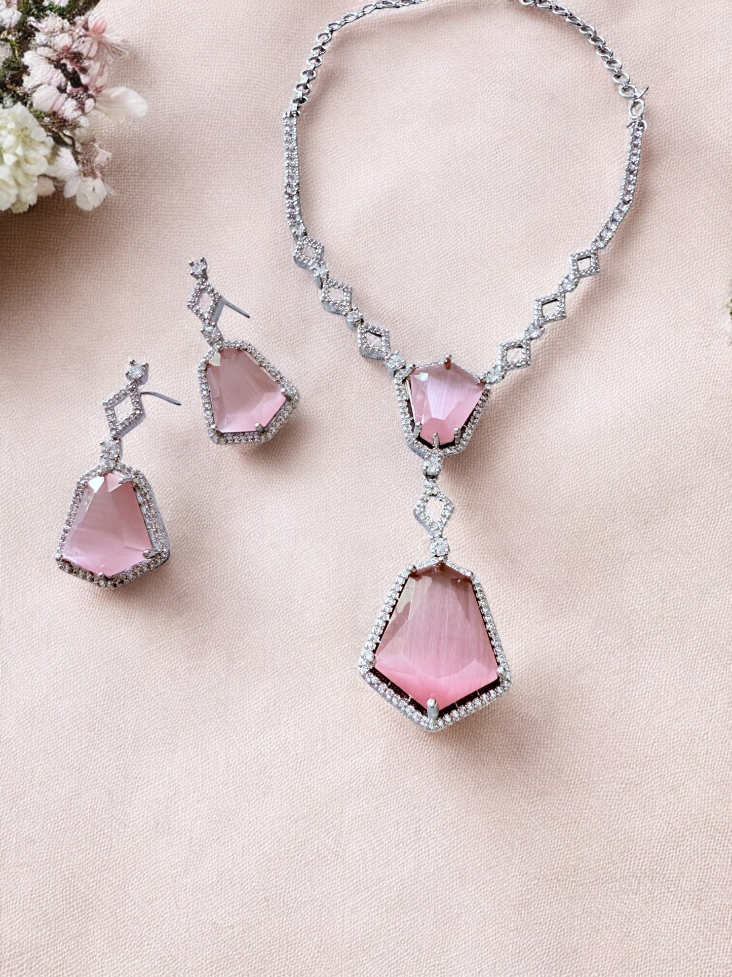 Pink Stone-Studded Necklace Set with Matching Earrings