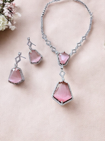 Pink Stone-Studded Necklace Set with Matching Earrings