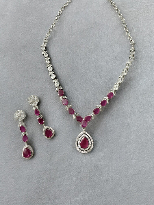 Pink Stone-Studded Necklace Set with Matching Earrings
