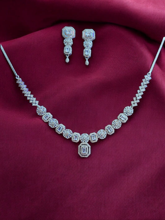 Premium Silver Stone Studded Necklace Set
