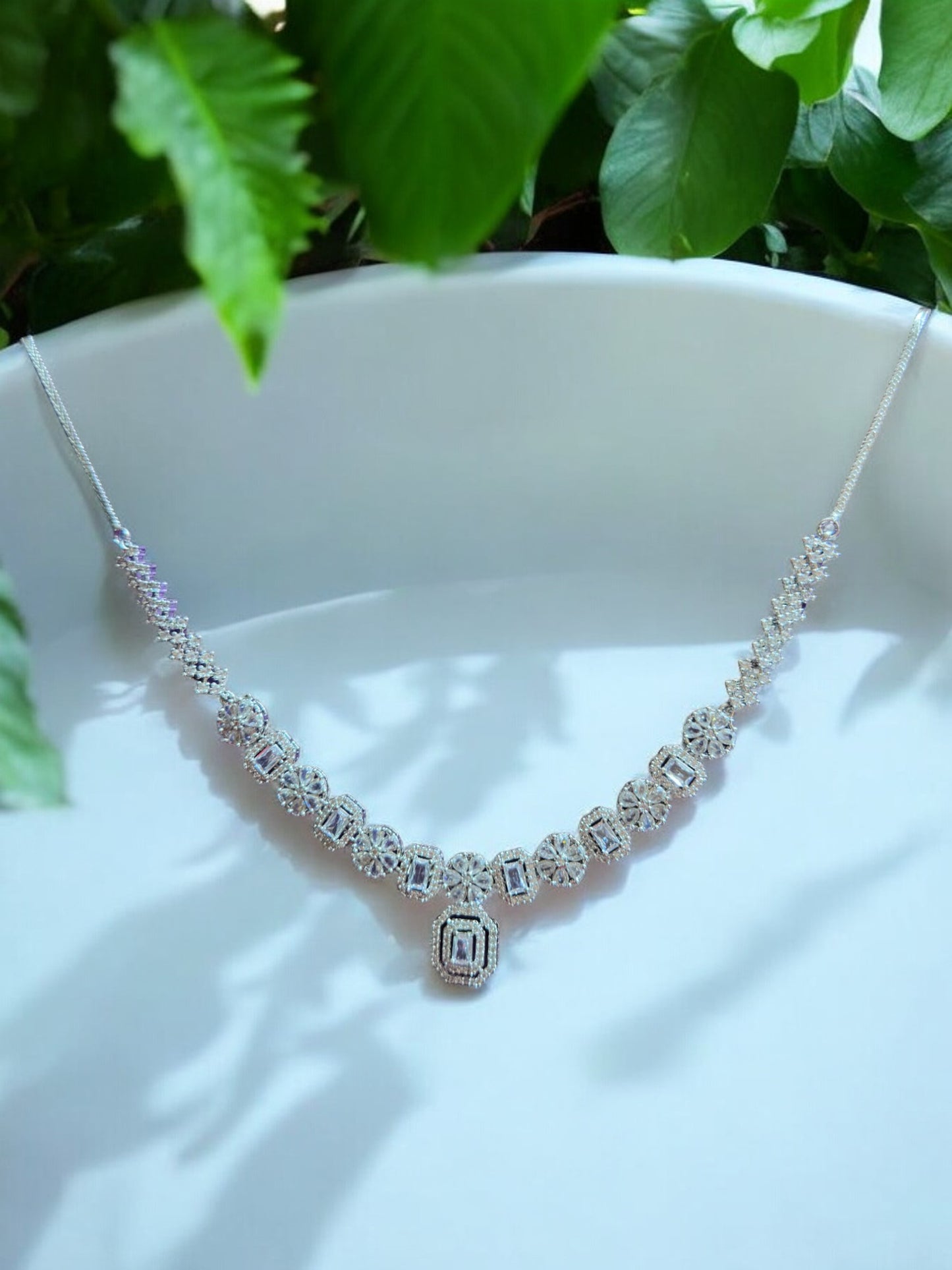 Premium Silver Stone Studded Necklace Set