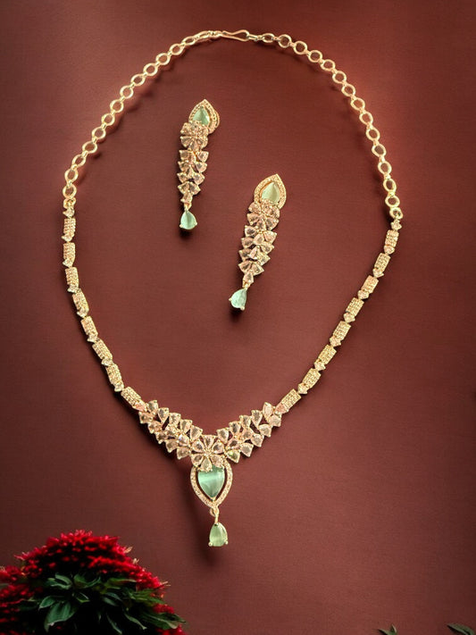 Gold Plated Mint Stone-Studded Necklace Set with Matching Earrings
