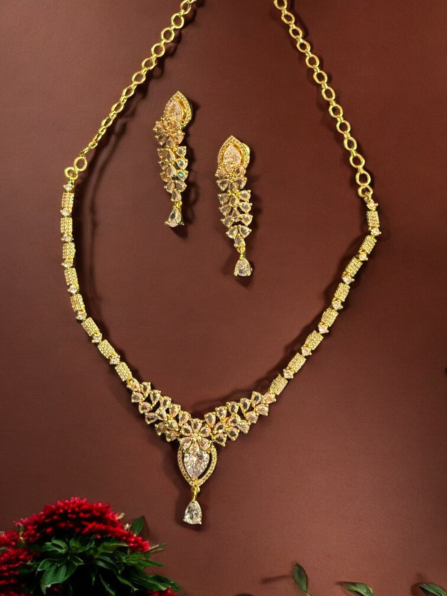 Gold Plated Stone-Studded Necklace Set with Matching Earrings