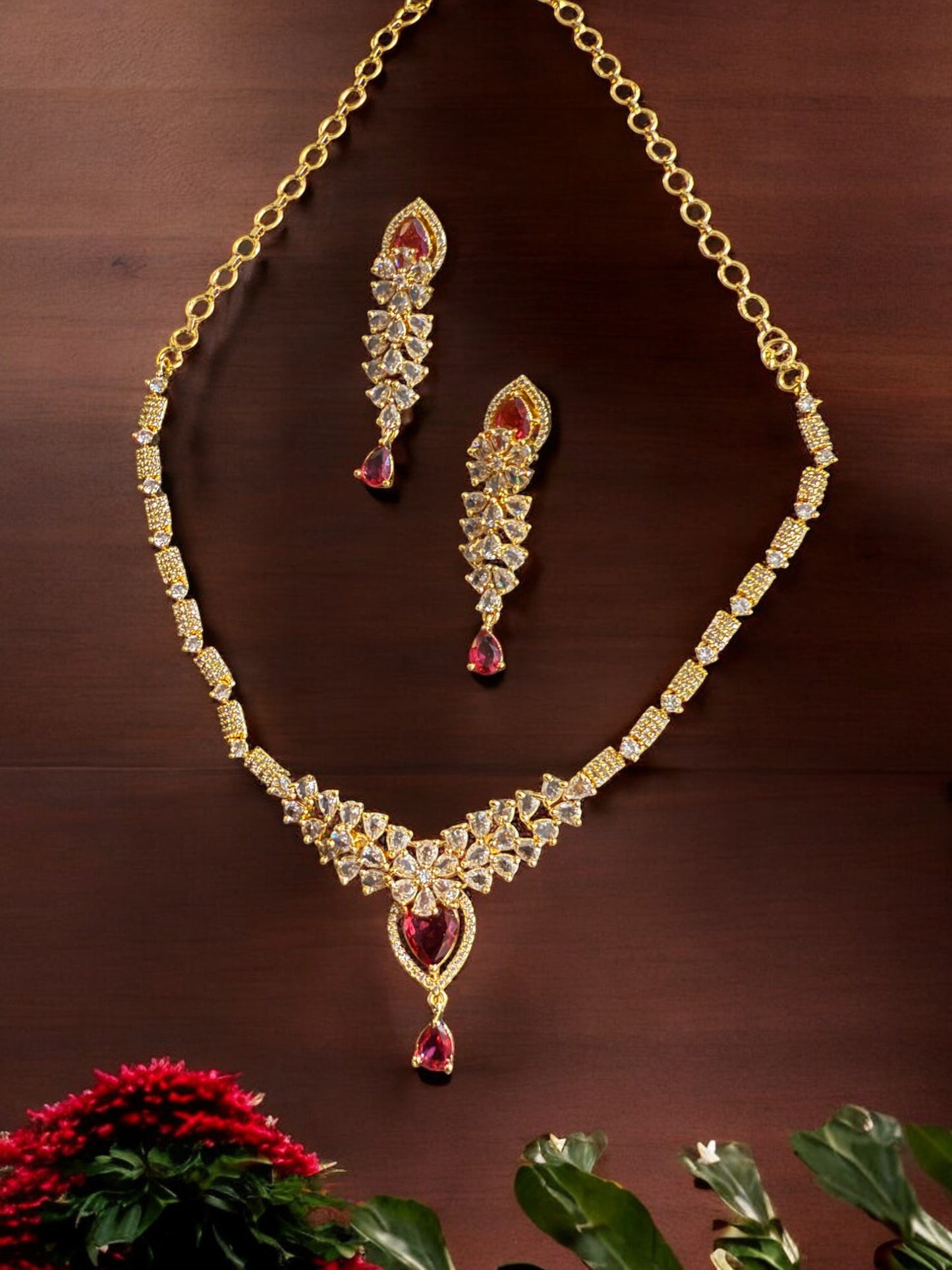 Gold Plated Stone-Studded Necklace Set with Matching Earrings