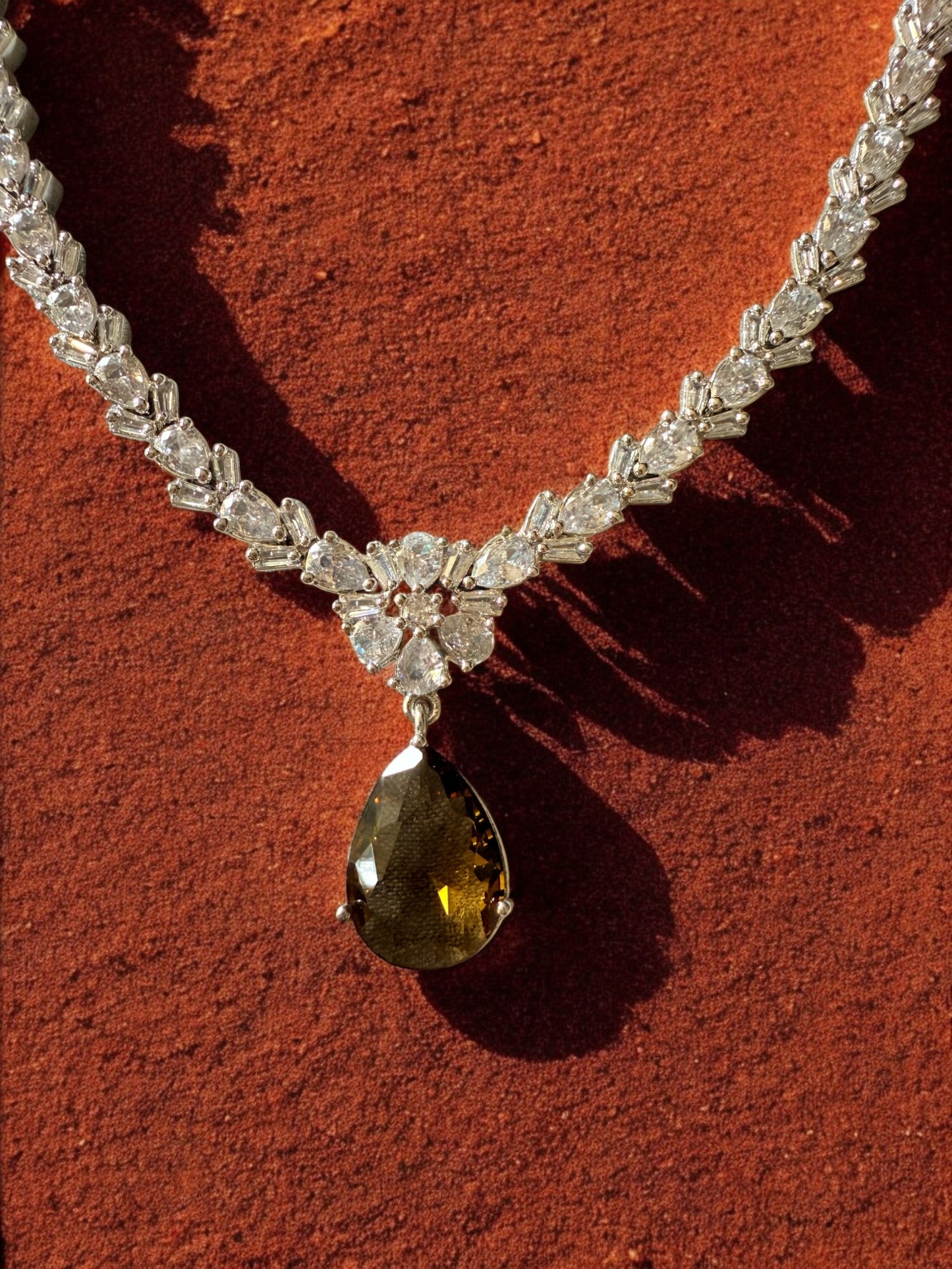 Maroon Rhodium Plated Cubic Zircon Necklace Set