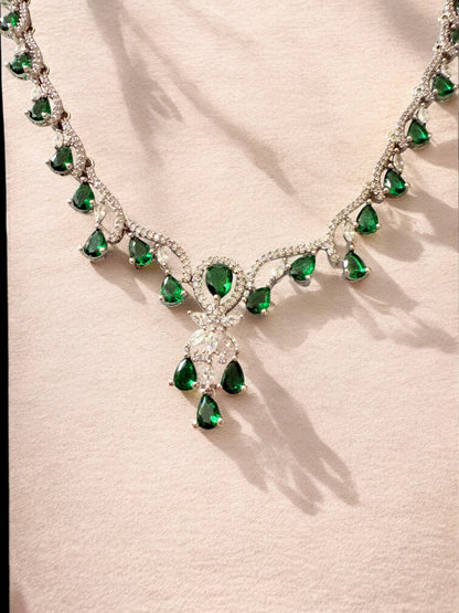 Emerald Green Rhodium Plated Cubic Zircon Necklace Set