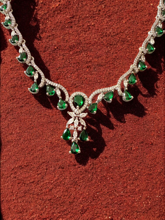 Emerald Green Rhodium Plated Cubic Zircon Necklace Set