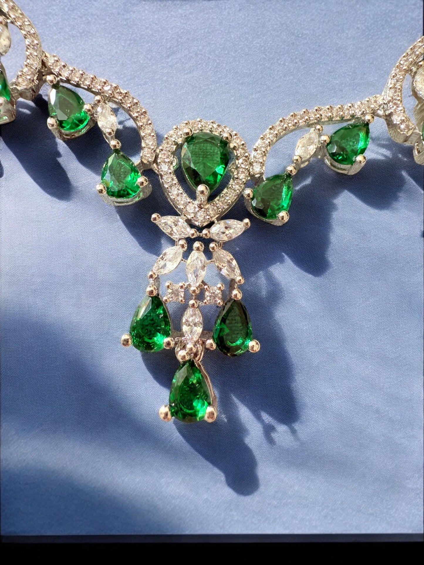 Emerald Green Rhodium Plated Cubic Zircon Necklace Set