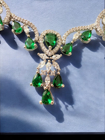 Emerald Green Rhodium Plated Cubic Zircon Necklace Set