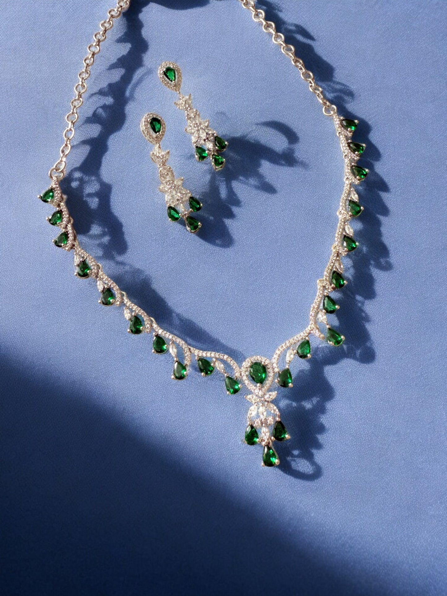 Emerald Green Rhodium Plated Cubic Zircon Necklace Set