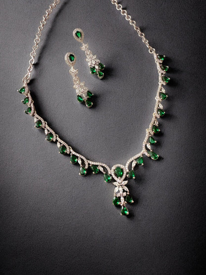 Emerald Green Rhodium Plated Cubic Zircon Necklace Set
