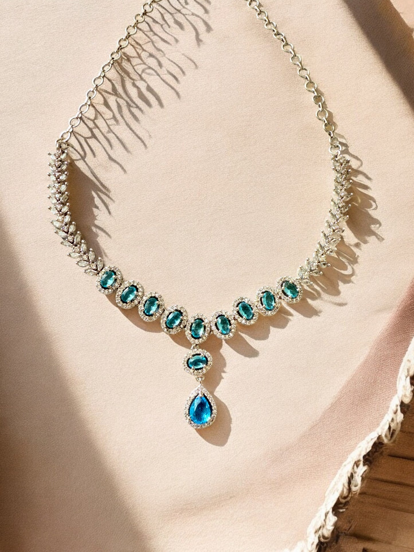 Ocean Blue Rhodium Plated Cubic Zircon Necklace Set