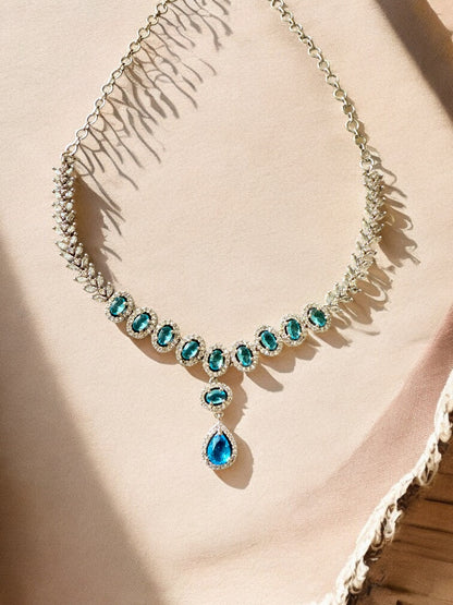 Ocean Blue Rhodium Plated Cubic Zircon Necklace Set