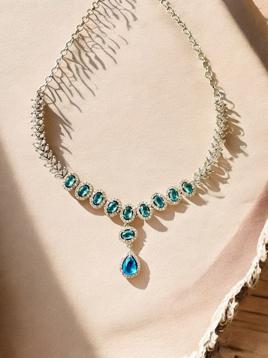 Ocean Blue Rhodium Plated Cubic Zircon Necklace Set