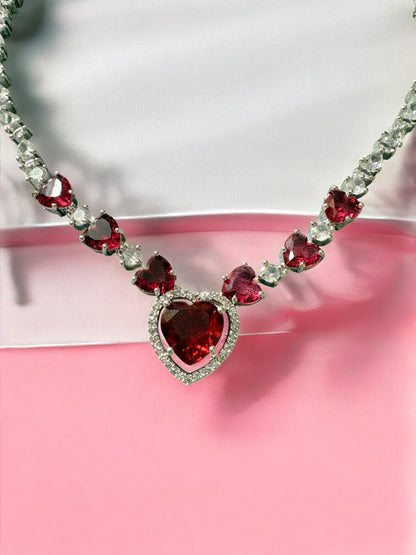 Red Rhodium Plated Cubic Zircon Necklace Set
