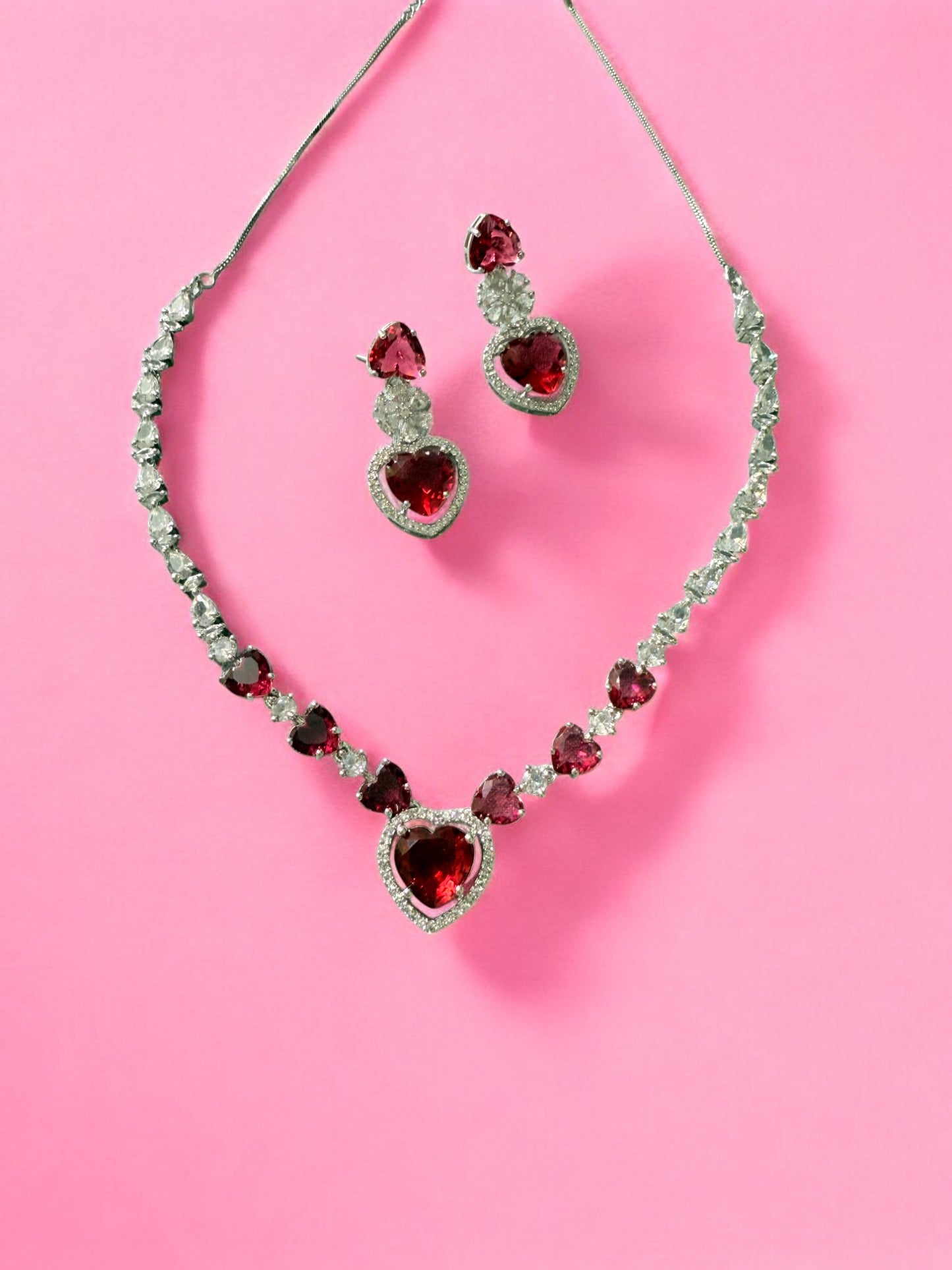Red Rhodium Plated Cubic Zircon Necklace Set