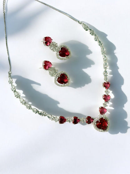 Red Rhodium Plated Cubic Zircon Necklace Set