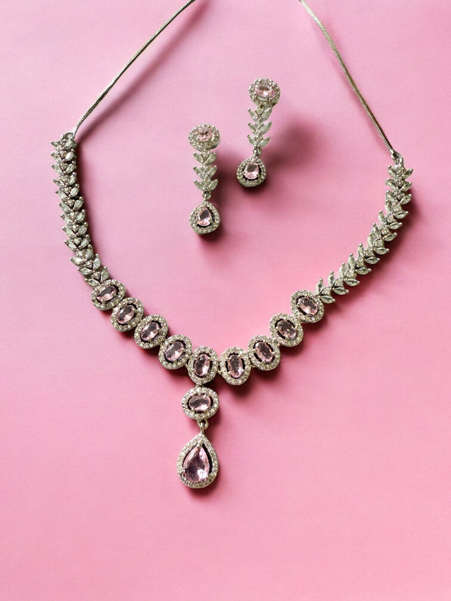 Pink Rhodium Plated Cubic Zircon Necklace Set