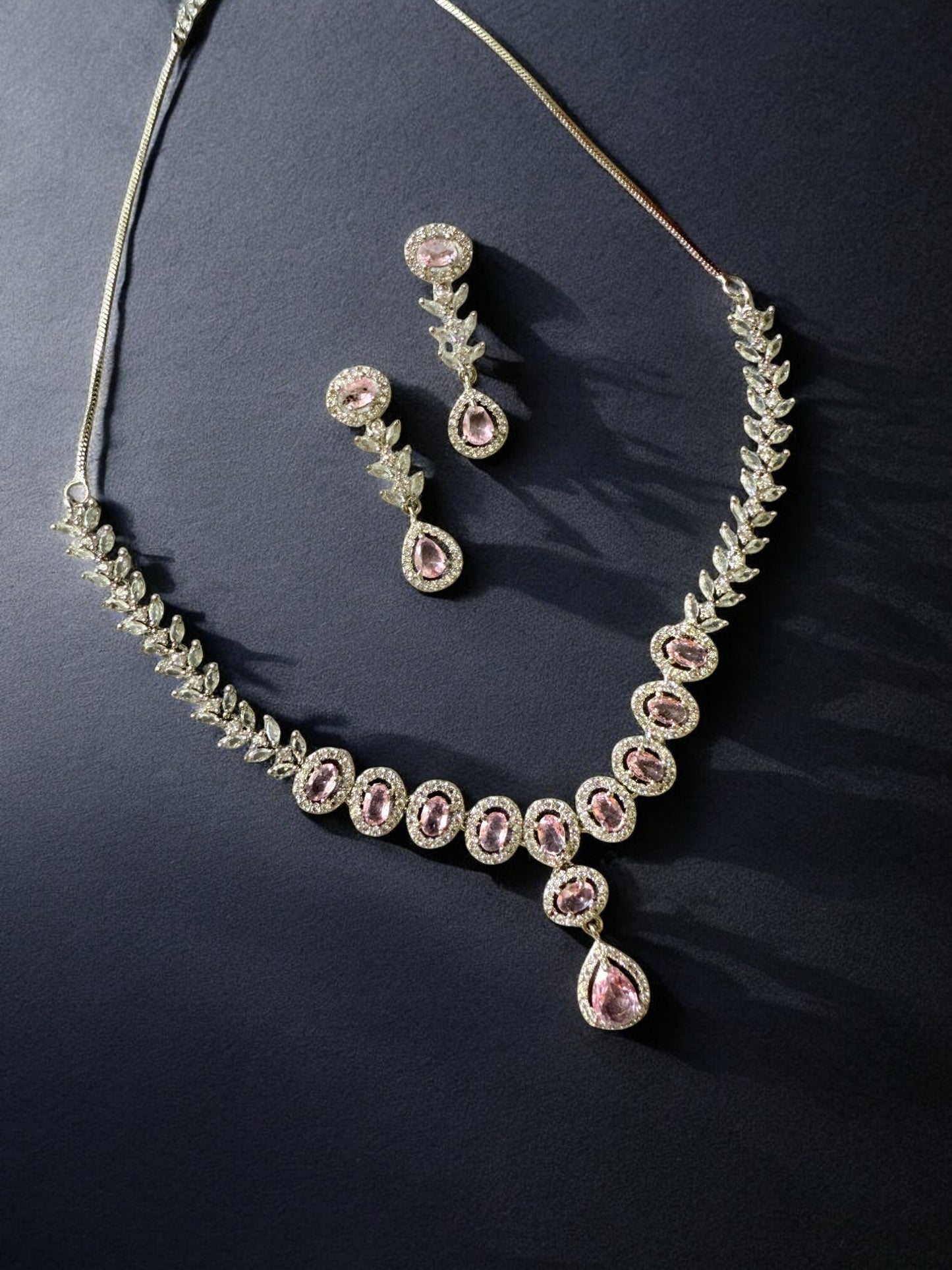 Pink Rhodium Plated Cubic Zircon Necklace Set