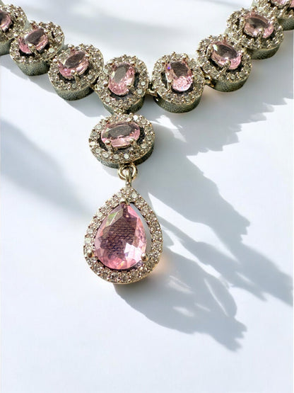 Pink Rhodium Plated Cubic Zircon Necklace Set